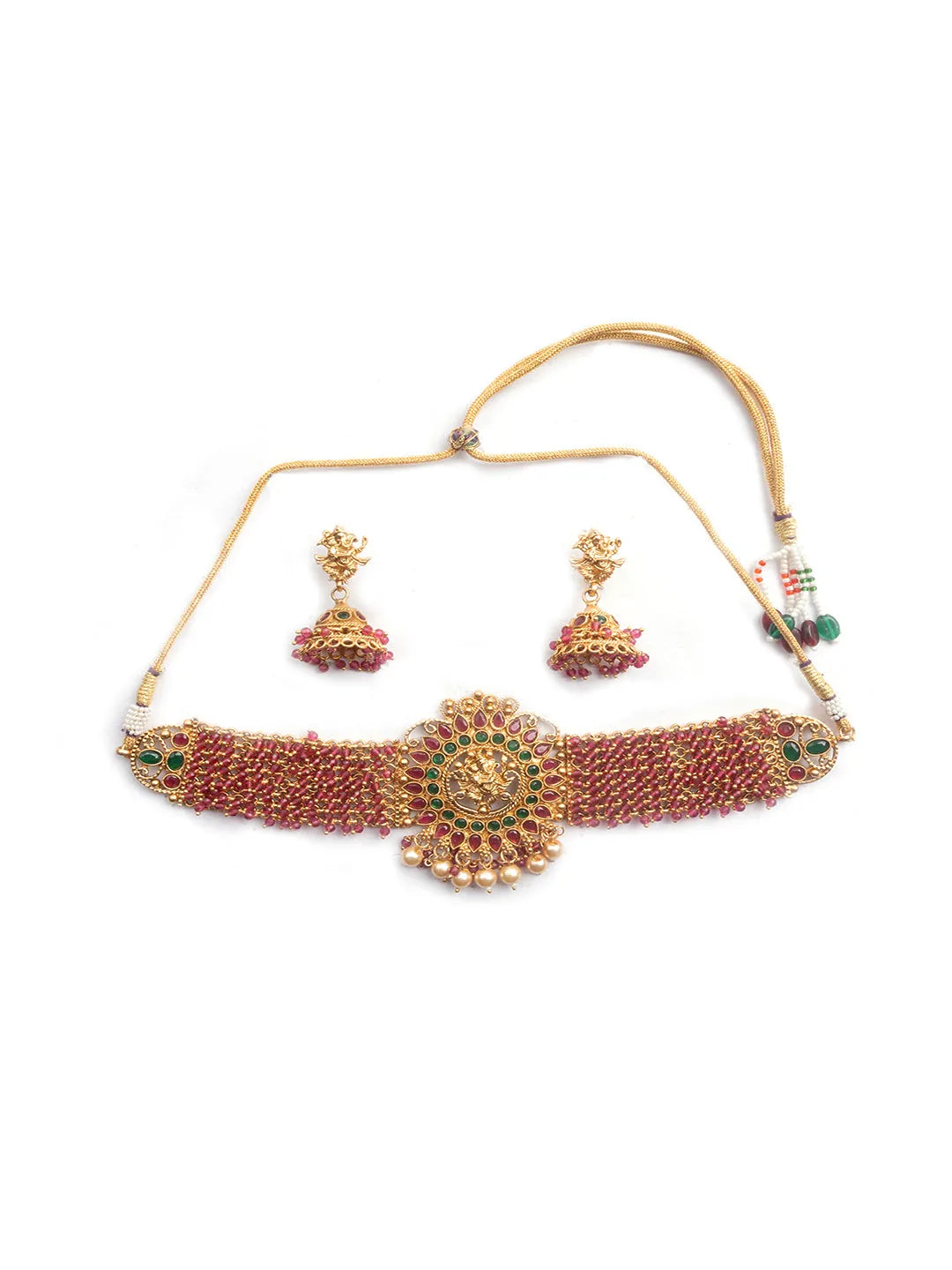 Precious Gold Plated Ganapati Red Hydra Beads Necklace Set