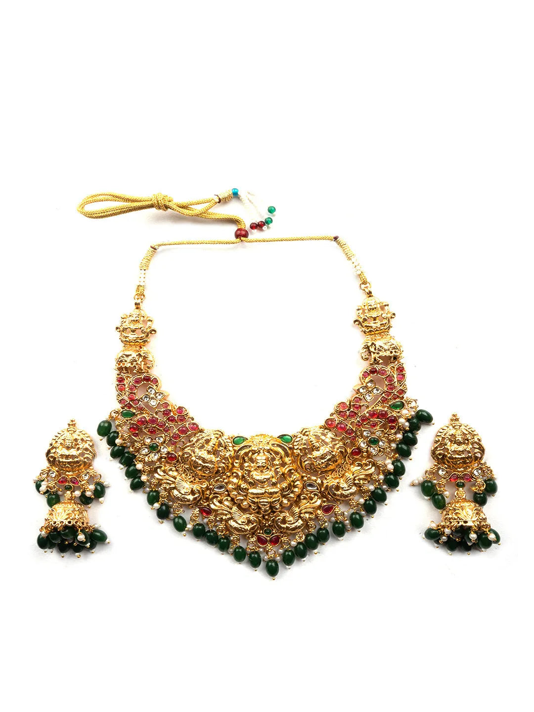 Gold Plated Green Beads Temple Necklace Set With Jhumkas