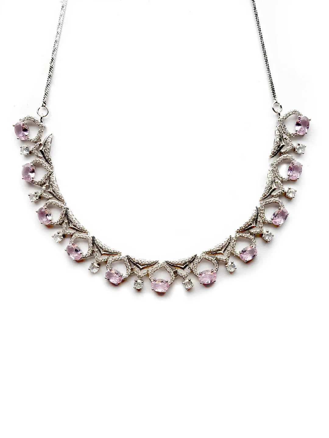 Sleek Cut Work Pink CZ AD Necklace