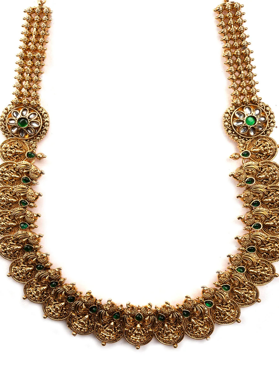 Designer Green Kemp Studded Coin Long Necklace Set