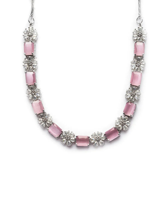 Exquisite Pink Flower Motif CZ Sleek Necklace Set