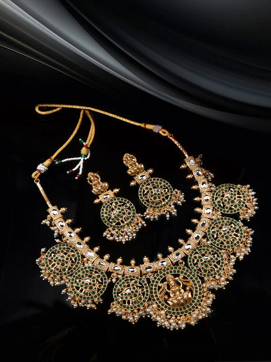 Gold Plated Green Temple Pusa Beads Necklace Set