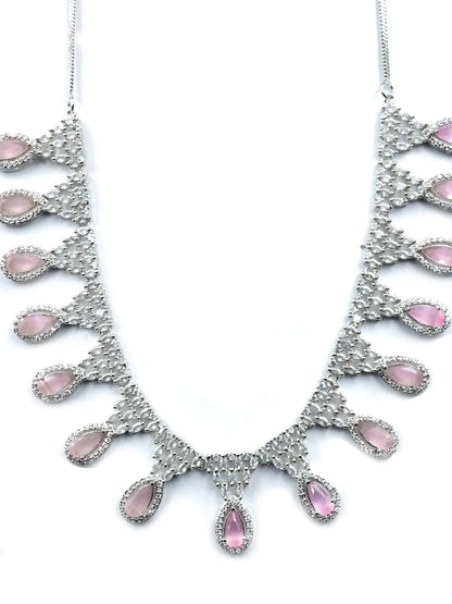 Pink AD-CZ Tear Drop Statement Necklace Set