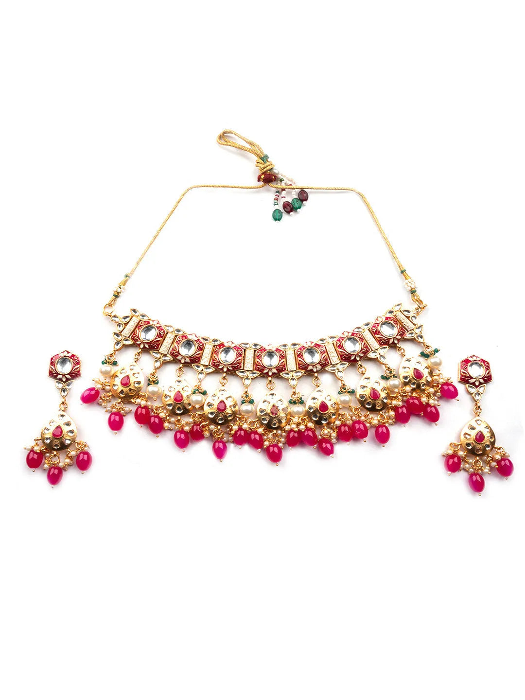 Enamel Coated Pink Pearls Beaded Kundan Choker Set