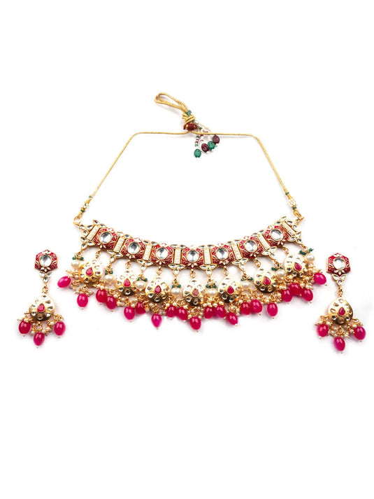 Enamel Coated Pink Pearls Beaded Kundan Choker Set