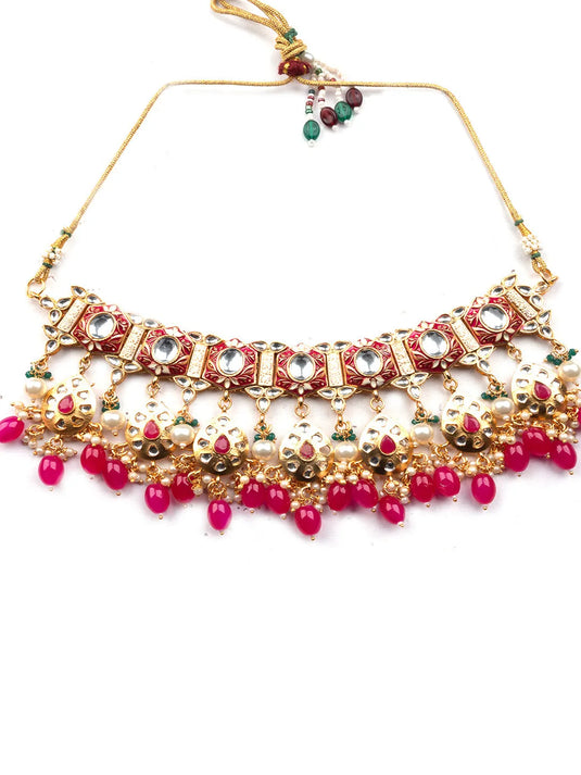 Enamel Coated Pink Pearls Beaded Kundan Choker Set