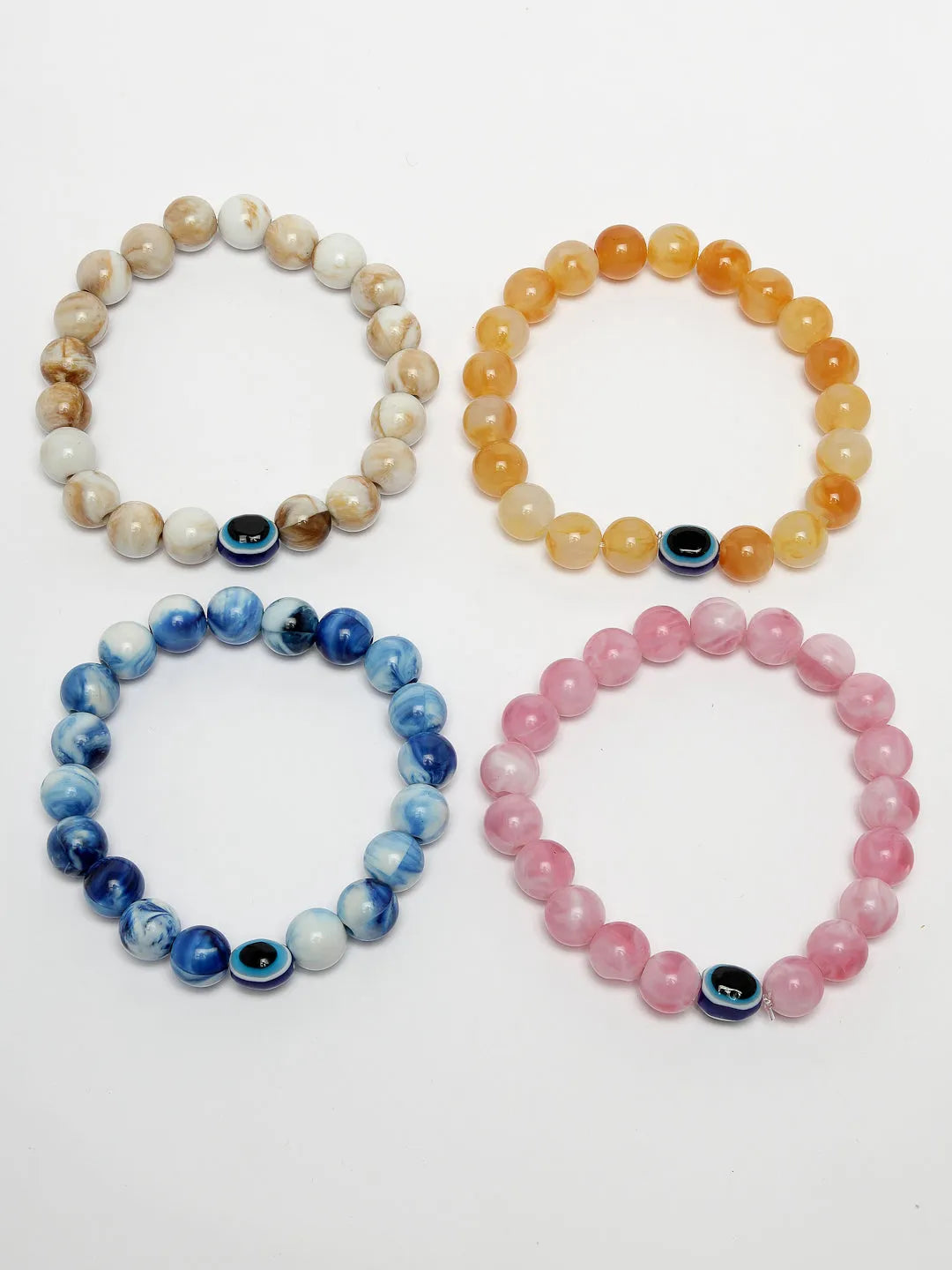 Unisex Set Of 4 Artificial Beads-Beaded Evil Eye Elasticated Bracelet