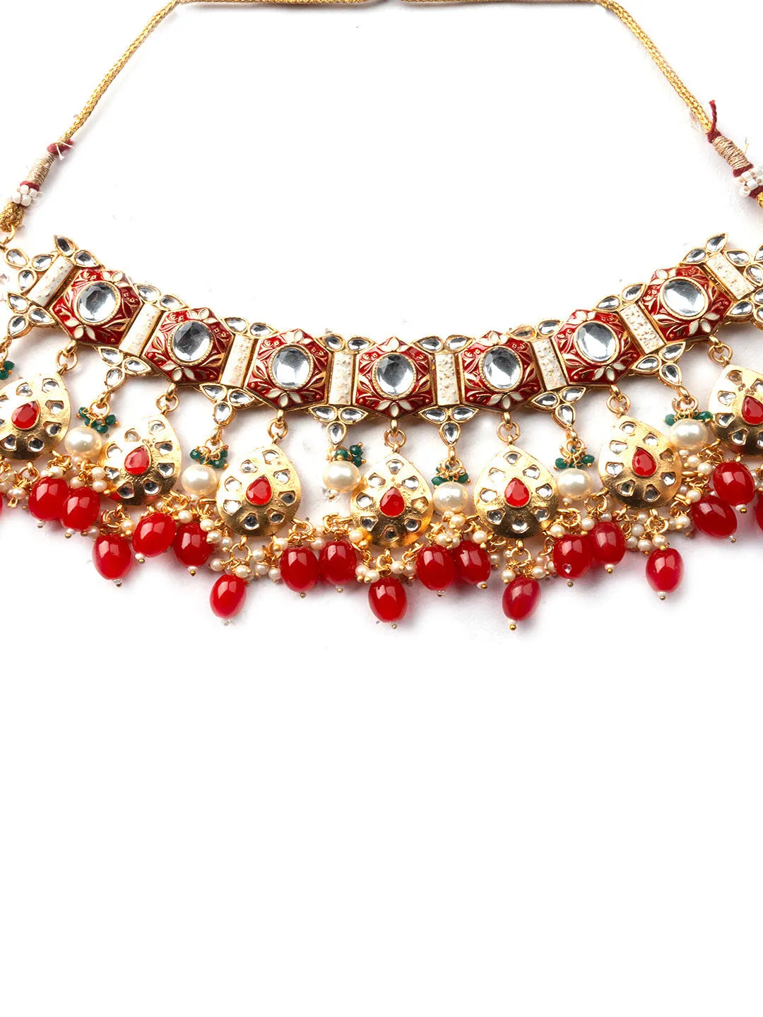 Enamel Coated Red Pearls Beaded Kundan Choker Set