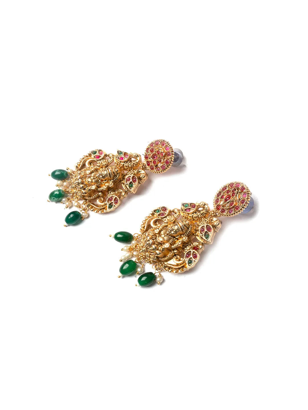 Gold Plated Mahalakshmi Necklace set with Green Droplet Beads