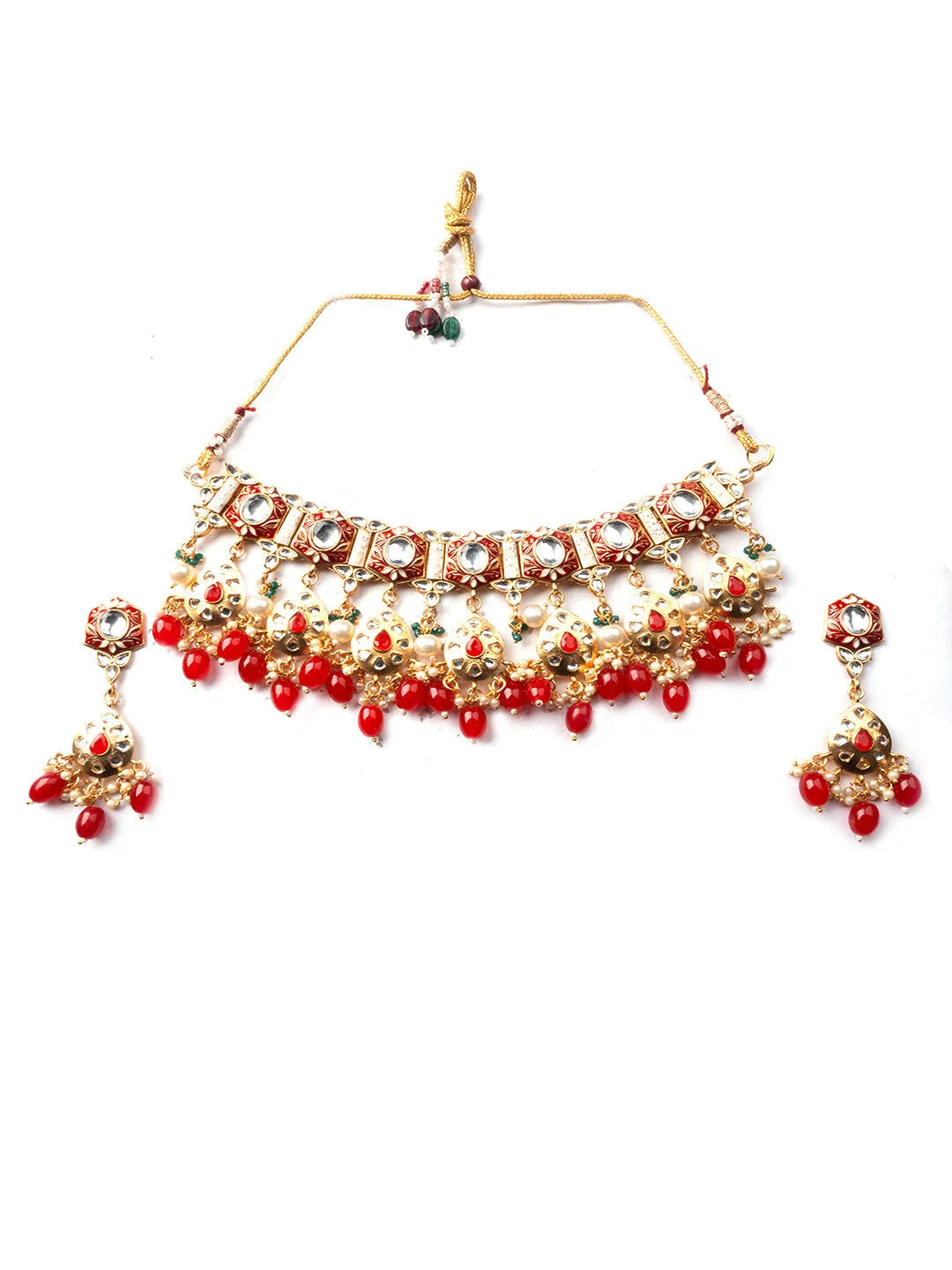 Enamel Coated Red Pearls Beaded Kundan Choker Set