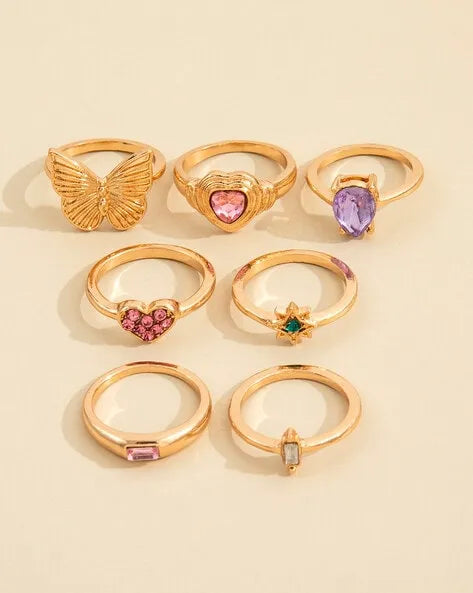 Latest Vintage Cocktail  Gold Crystal Midi Finger Rings Set - Set Of 7 Destiny Jewels