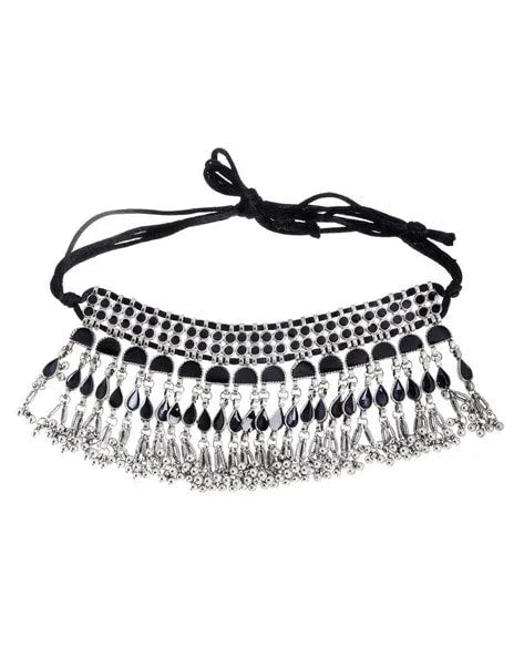 Silver-Plated Black Stone Studded &amp; Beaded Jewellery Set Samridhi DC