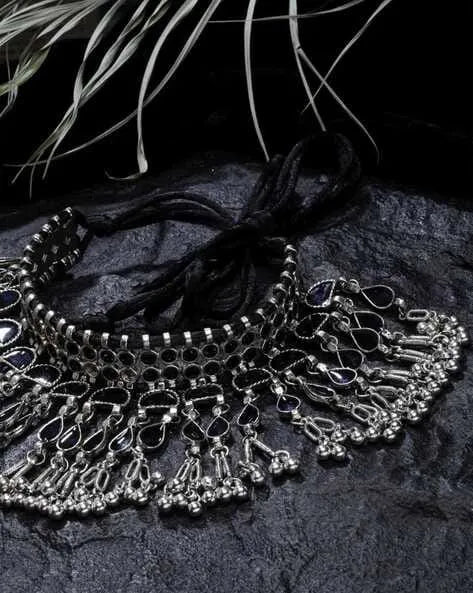 Silver-Plated Black Stone Studded &amp; Beaded Jewellery Set Samridhi DC