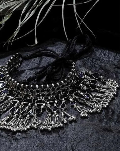 Silver-Plated Black Stone Studded &amp; Beaded Jewellery Set Samridhi DC