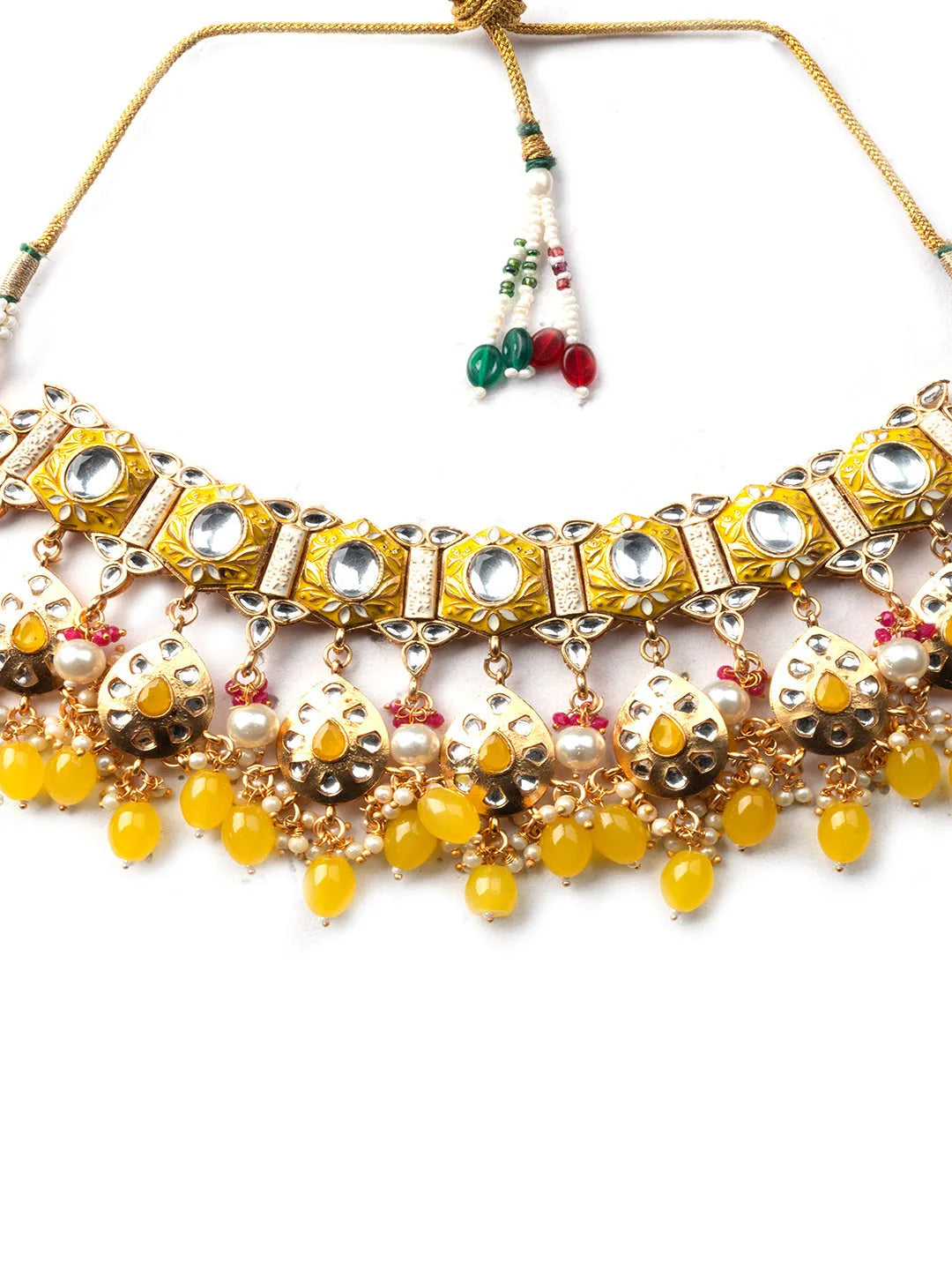 Enamel Coated Yellow Pearls Beaded Kundan Choker Set