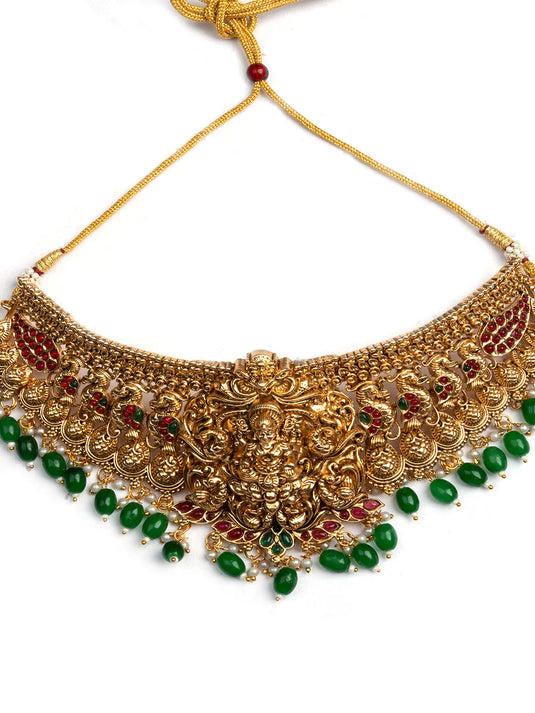 Matte Finish Lakshmi Choker With Green Beads