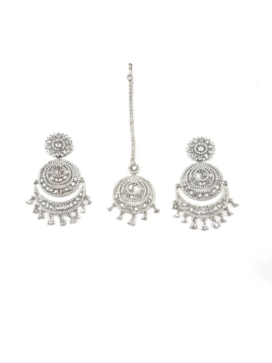 Cubic Zirconia Studded Silver Tone Danglers-Maangtika Set