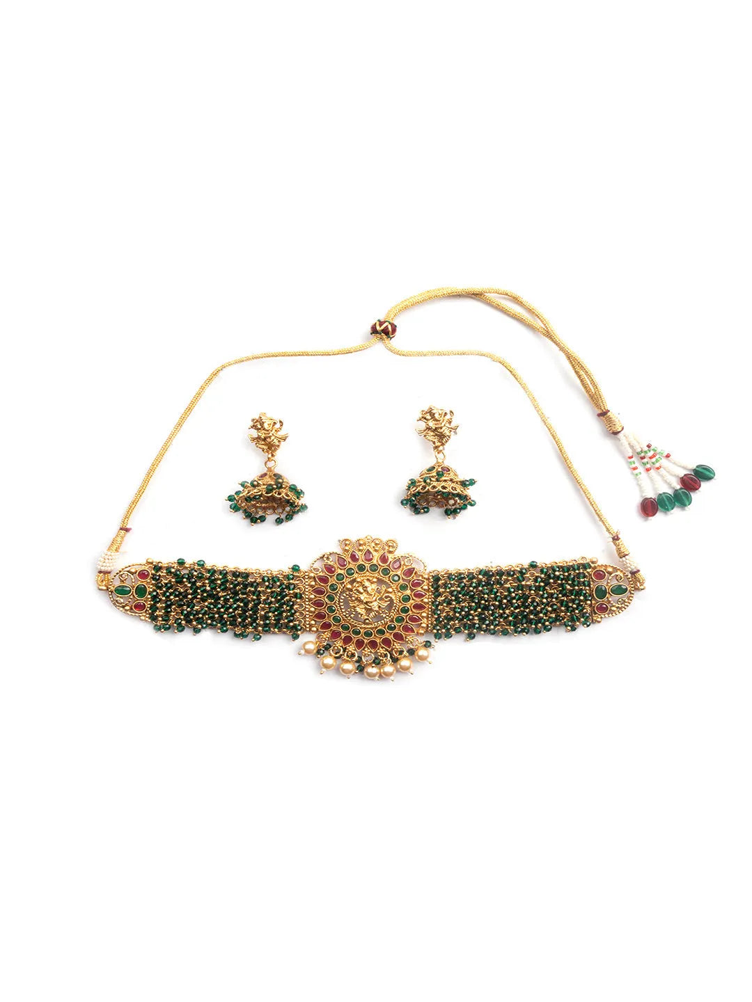 Precious Gold Plated Ganapati Green Hydra Beads Necklace Set