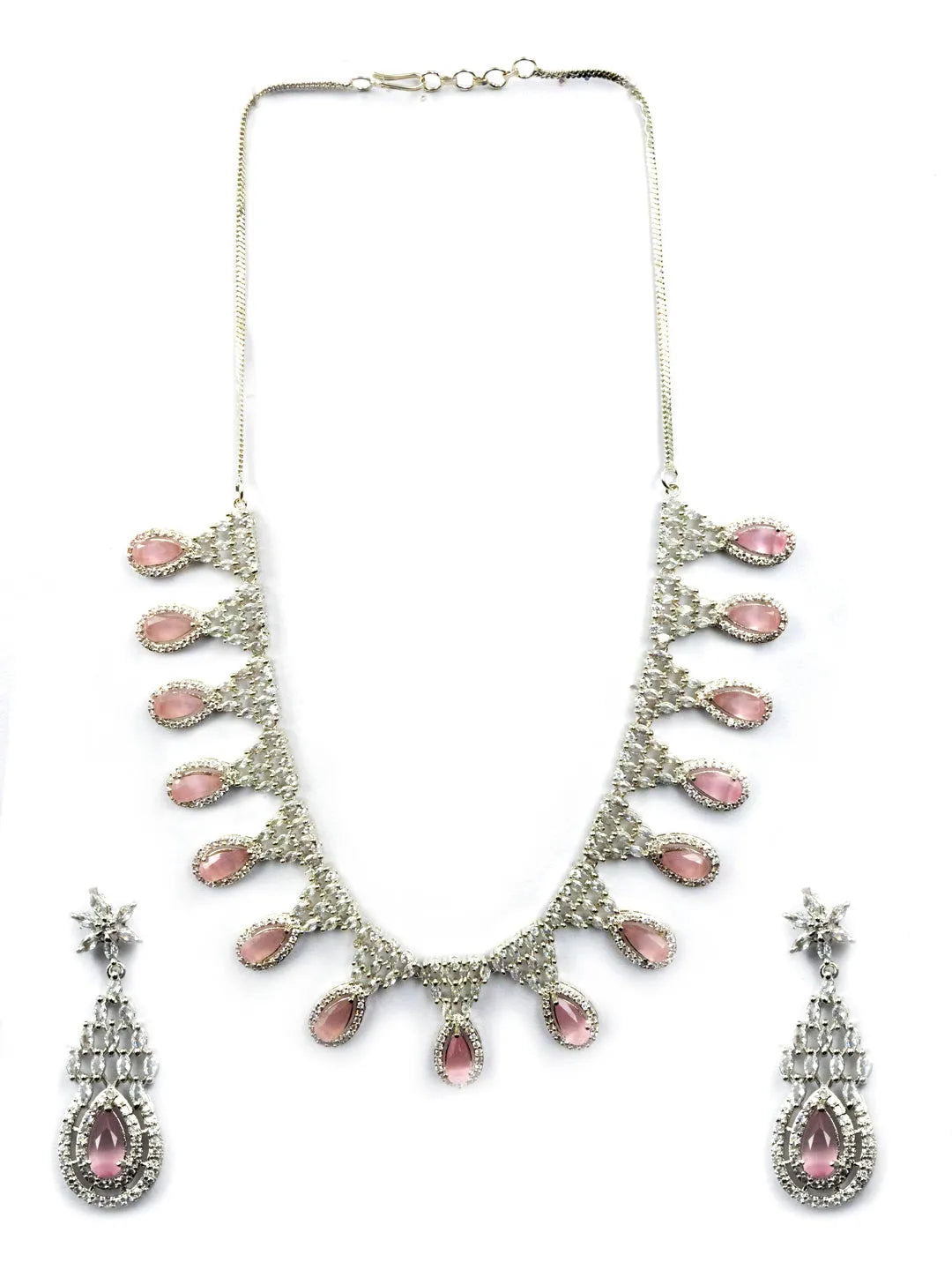 Pink AD-CZ Tear Drop Statement Necklace Set