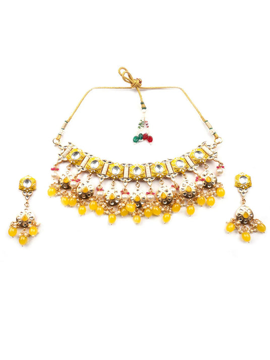 Enamel Coated Yellow Pearls Beaded Kundan Choker Set