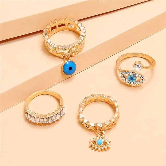 Bohomia Evil Eye Crystal Geometric Eyes Shaprd Rings - Set Of 4 Destiny Jewels