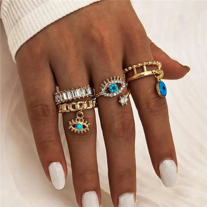 Bohomia Evil Eye Crystal Geometric Eyes Shaprd Rings - Set Of 4 Destiny Jewels