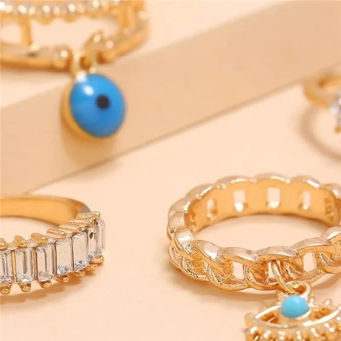 Bohomia Evil Eye Crystal Geometric Eyes Shaprd Rings - Set Of 4 Destiny Jewels