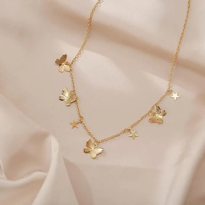 Stylish Gold Plated Stars Butterfly Pendant Necklace Chain Destiny Jewels