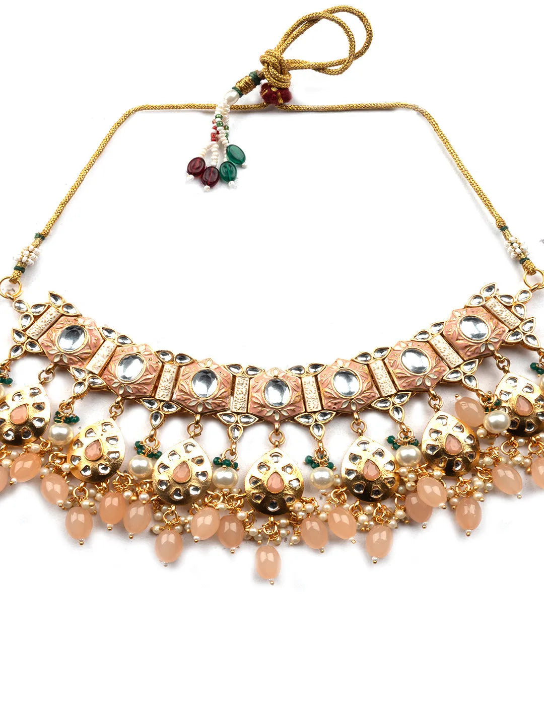 Enamel Coated Peach Pearls Beaded Kundan Choker Set