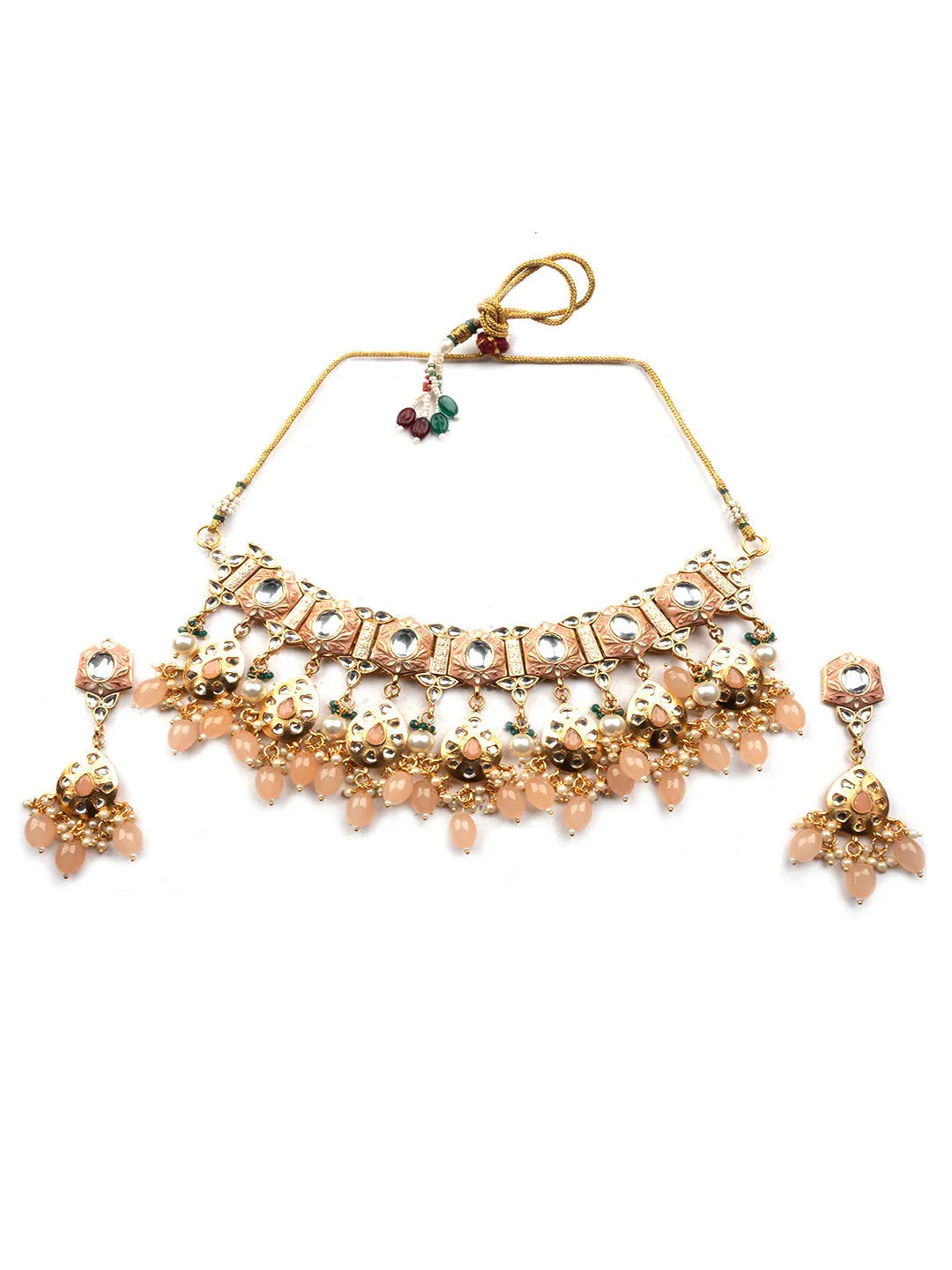 Enamel Coated Peach Pearls Beaded Kundan Choker Set