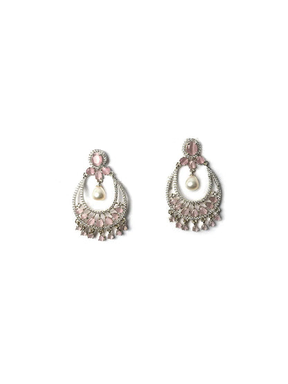 Unique Silver Pink Studded American Diamond Drop Earrings - Shop Now!