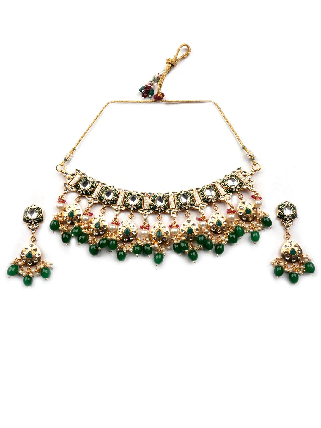 Enamel Coated Green Pearls Beaded Kundan Choker Set