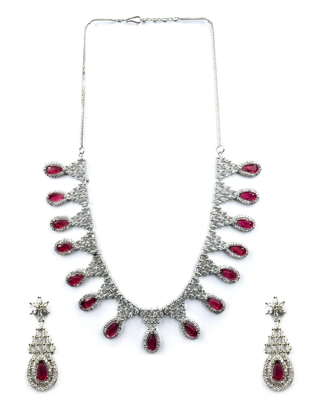 Red AD-CZ Tear Drop Statement Necklace Set