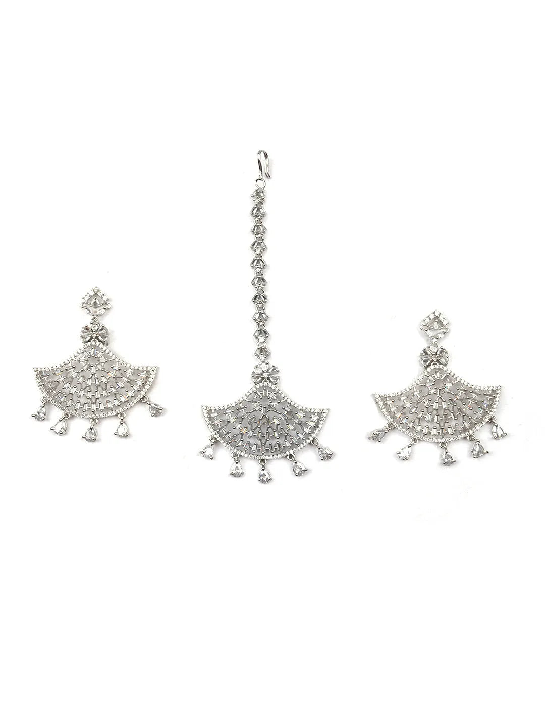 CZ AD Silver Symmetrical Earring-Maangtika Set | Hypoallergenic Jewelry