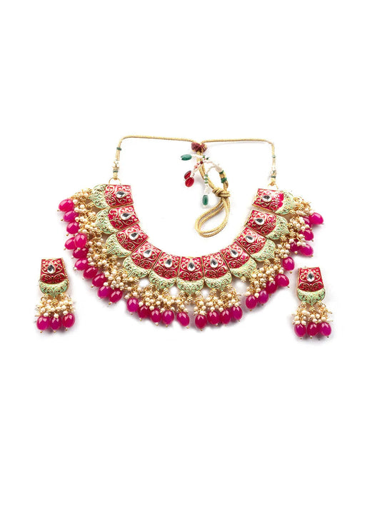 Precious Pink Kundan Meenakari Droplet Necklace Set