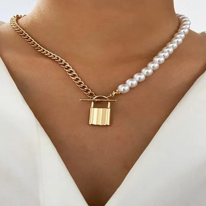 Stylish Gold Plated Pearl and Chainlink Lock Pendant Necklace Destiny Jewels