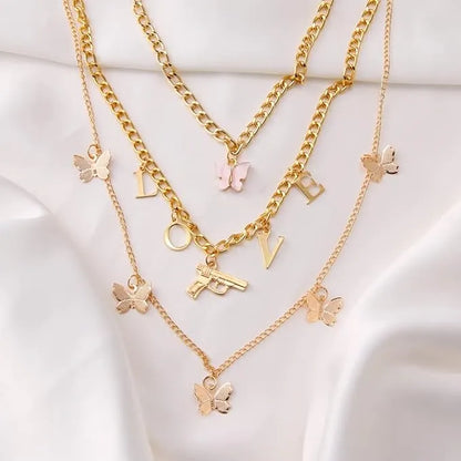 Layered Stylish Gold Plated Gun Butterfly Love Pendants Necklace Chains Destiny Jewels