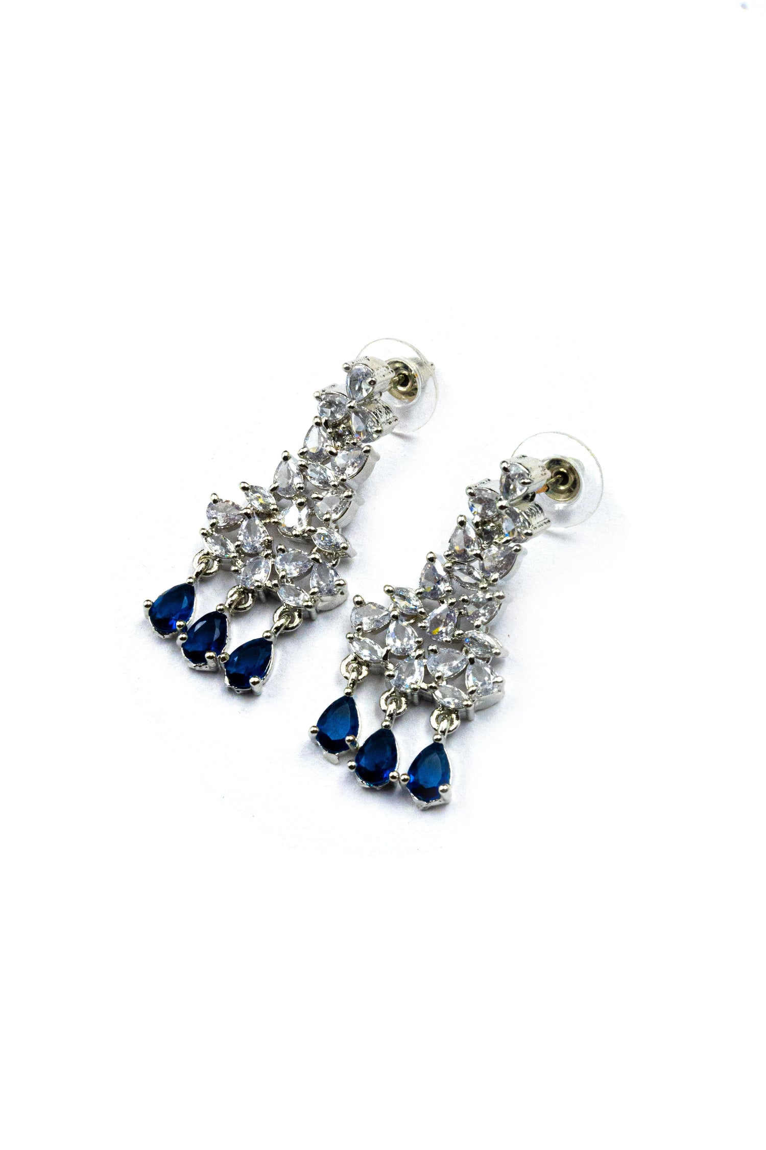 Vintage Inspired Sleek Silver Plated Blue Cubic Zirconia Statement Necklace Set