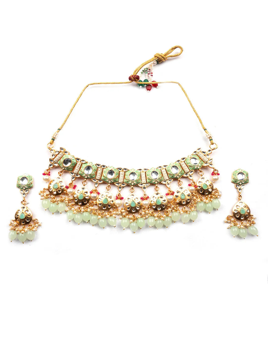 Enamel Coated Sea Green Pearls Beaded Kundan Choker Set