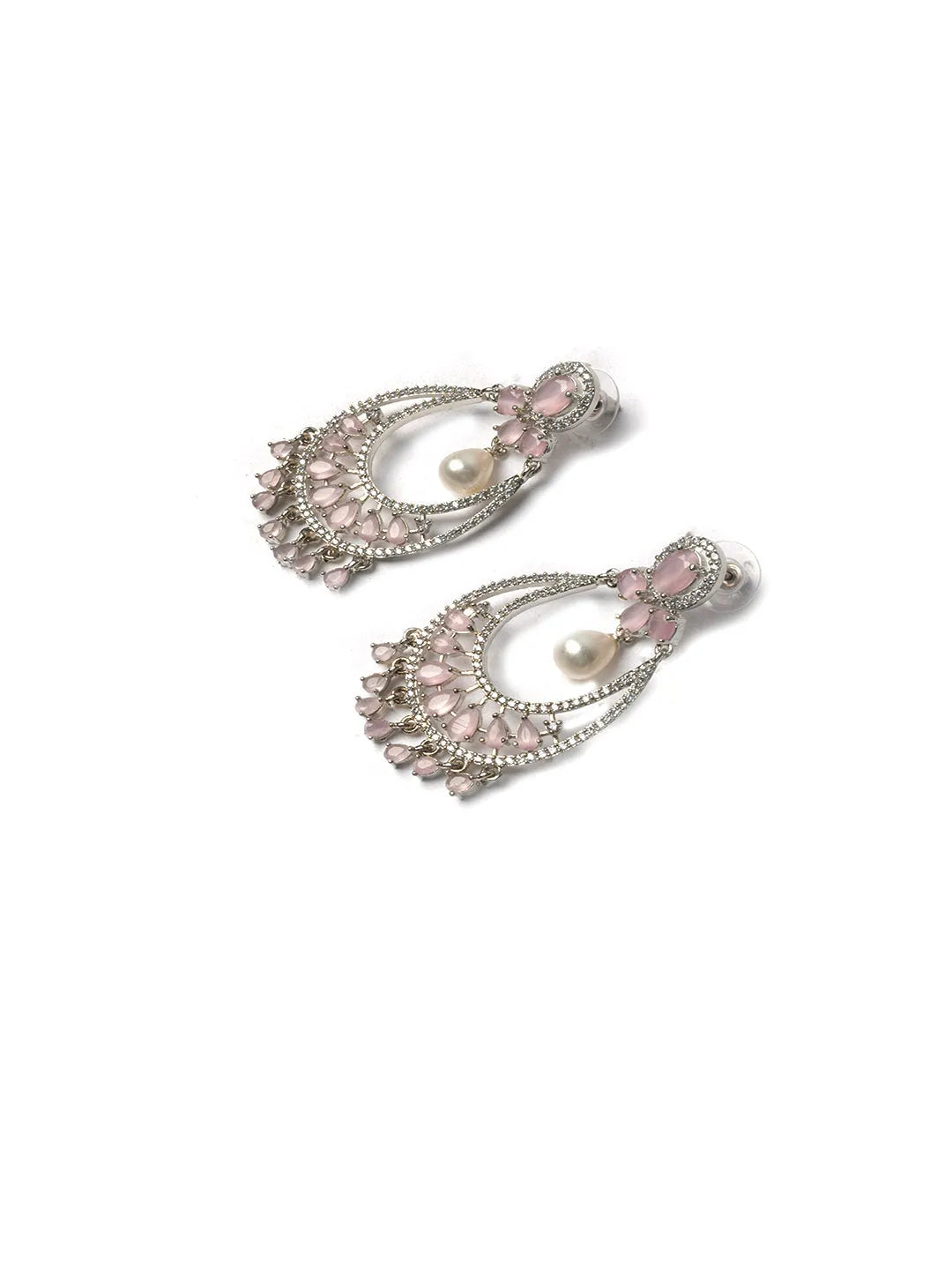 Unique Silver Pink Studded American Diamond Drop Earrings - Shop Now!