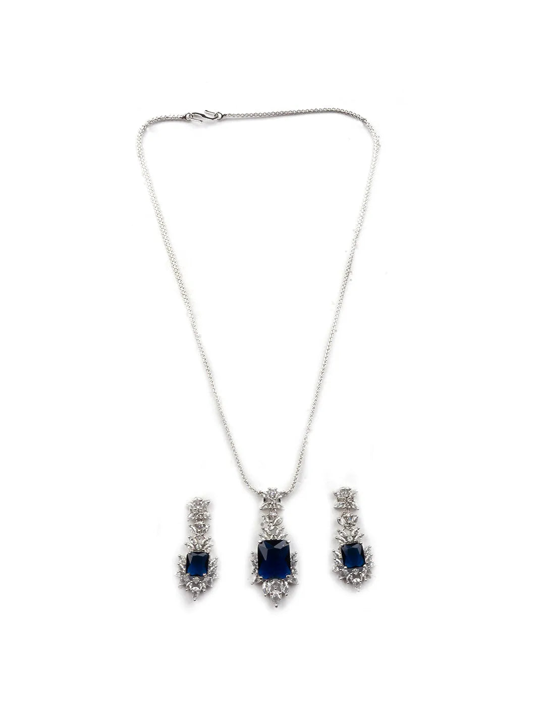 Silver Plated Blue Square AD CZ Studded Leaf Pendant Set With Earrings and Maangtika