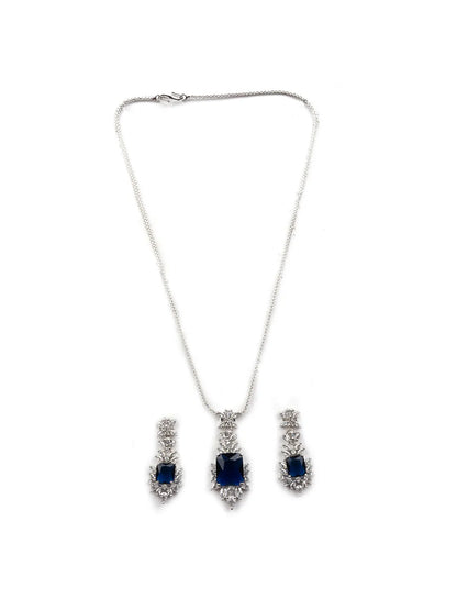 Silver Plated Blue Square AD CZ Studded Leaf Pendant Set With Earrings and Maangtika