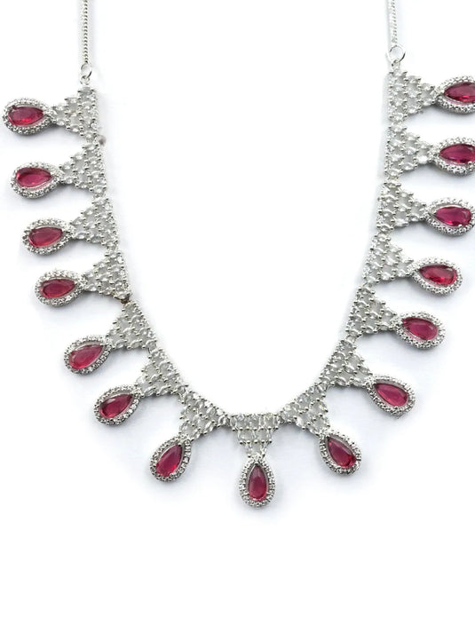 Red AD-CZ Tear Drop Statement Necklace Set