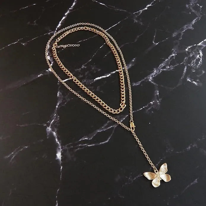 Multi-strand Golden Small &amp; Long Double Chain Necklace with Butterfly Pendant Destiny Jewels