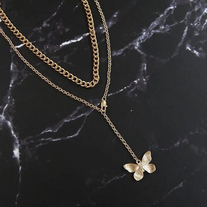 Multi-strand Golden Small &amp; Long Double Chain Necklace with Butterfly Pendant Destiny Jewels