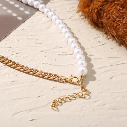 Stylish Gold Plated Pearl and Chainlink Lock Pendant Necklace Destiny Jewels