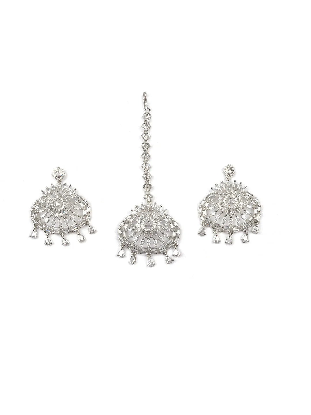 CZ Studded Silver Drop Style Earrings and Maangtika Set | Shop Now