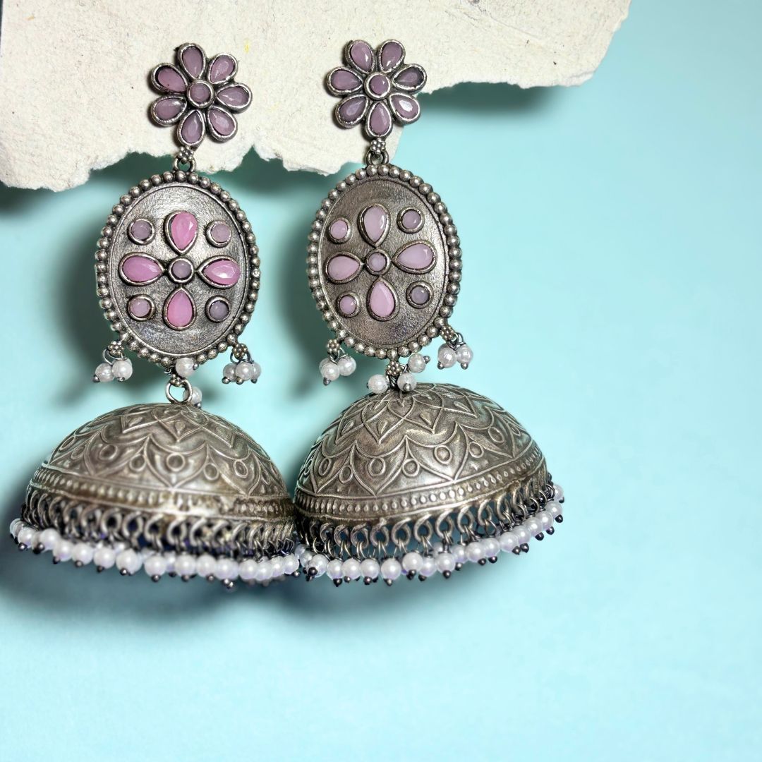 Pink Boho Oxidised Jhumka Earrings