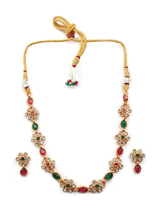 Ruby Green Kemp Studded Sleek Flower Necklace Set