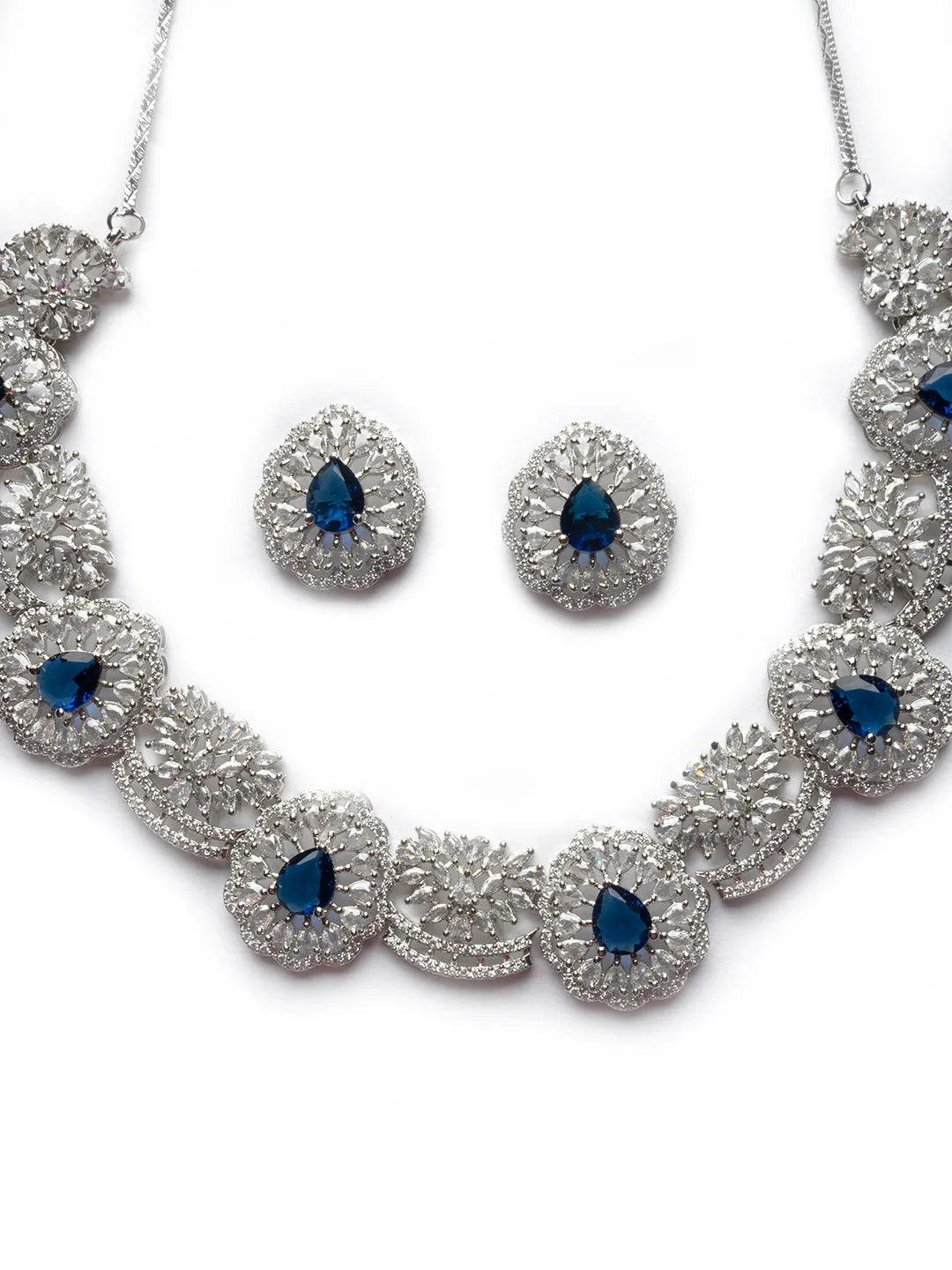 Intricate Cut Work Blue CZ Necklace Set